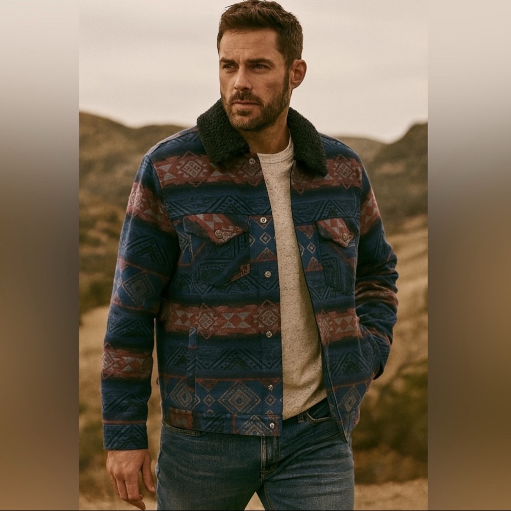 Lucky Brand Western Aztec Print Sherpa Lined Trucker Jacket Pendleton Stlye